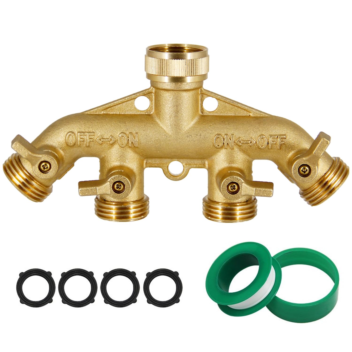 Triumpeek 4 Way Brass Hose Splitter with shut-off switch