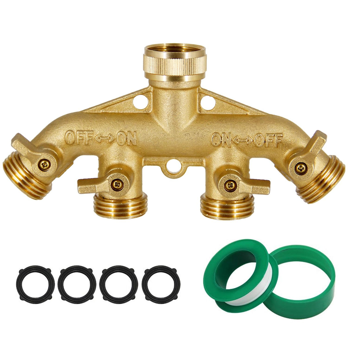 Triumpeek 4 Way Brass Hose Splitter with shut-off switch
