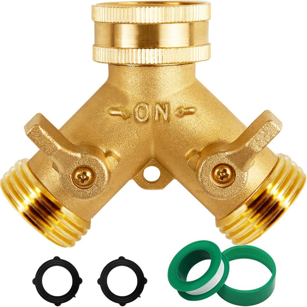 Triumpeek Brass Garden Hose Splitter front view with connectors