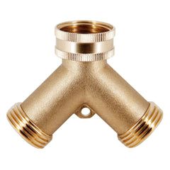 Triumpeek brass hose splitter attached to a garden faucet