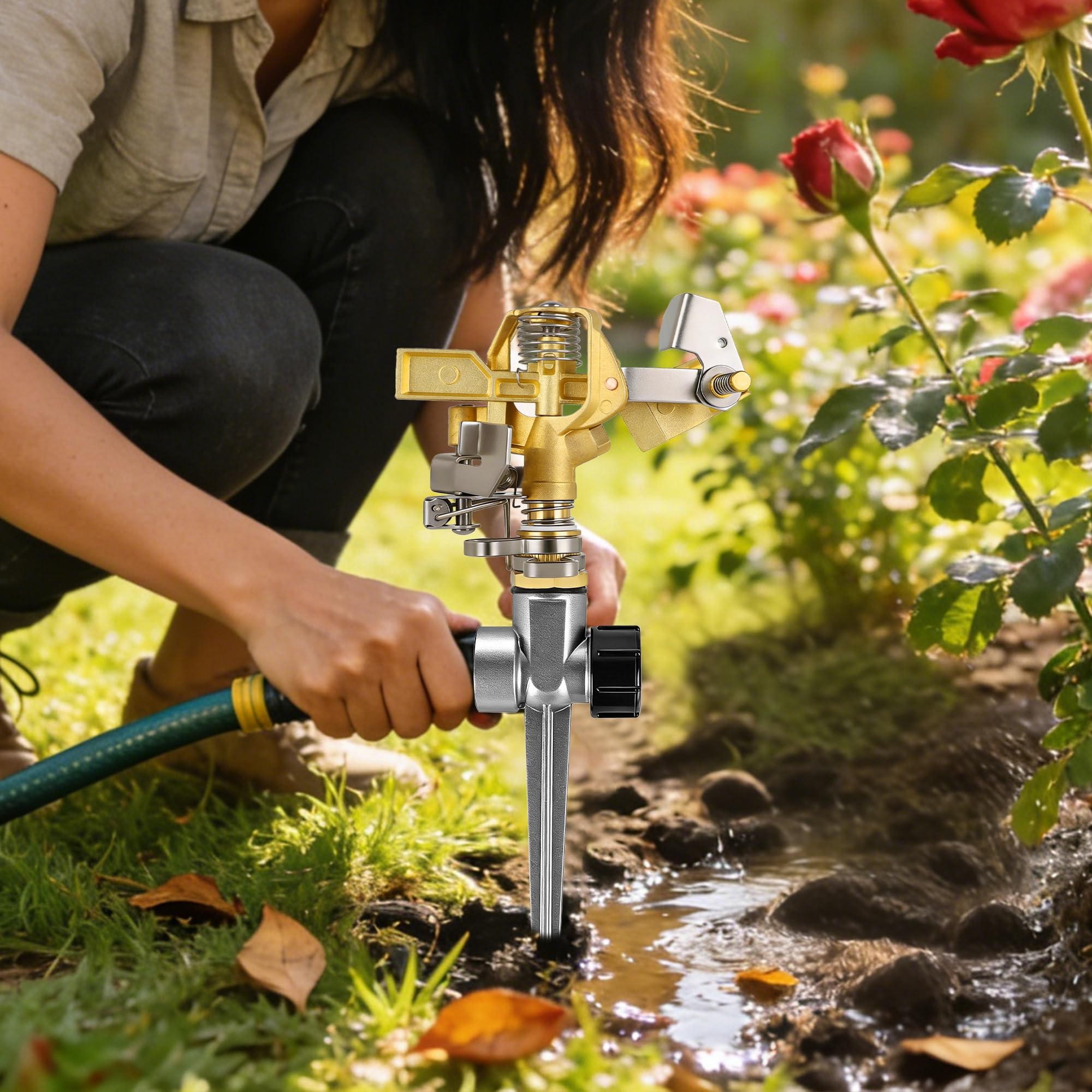 Triumpeek Impact Sprinkler connected to a garden hose