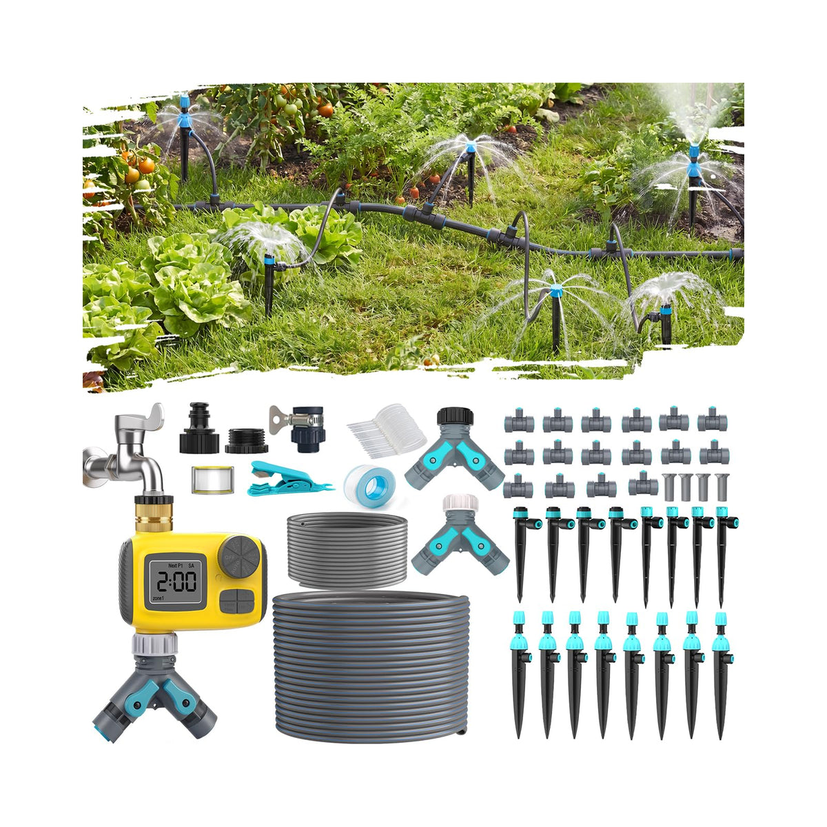 TRJZWA 100FT Drip Irrigation System Kit packaging front view