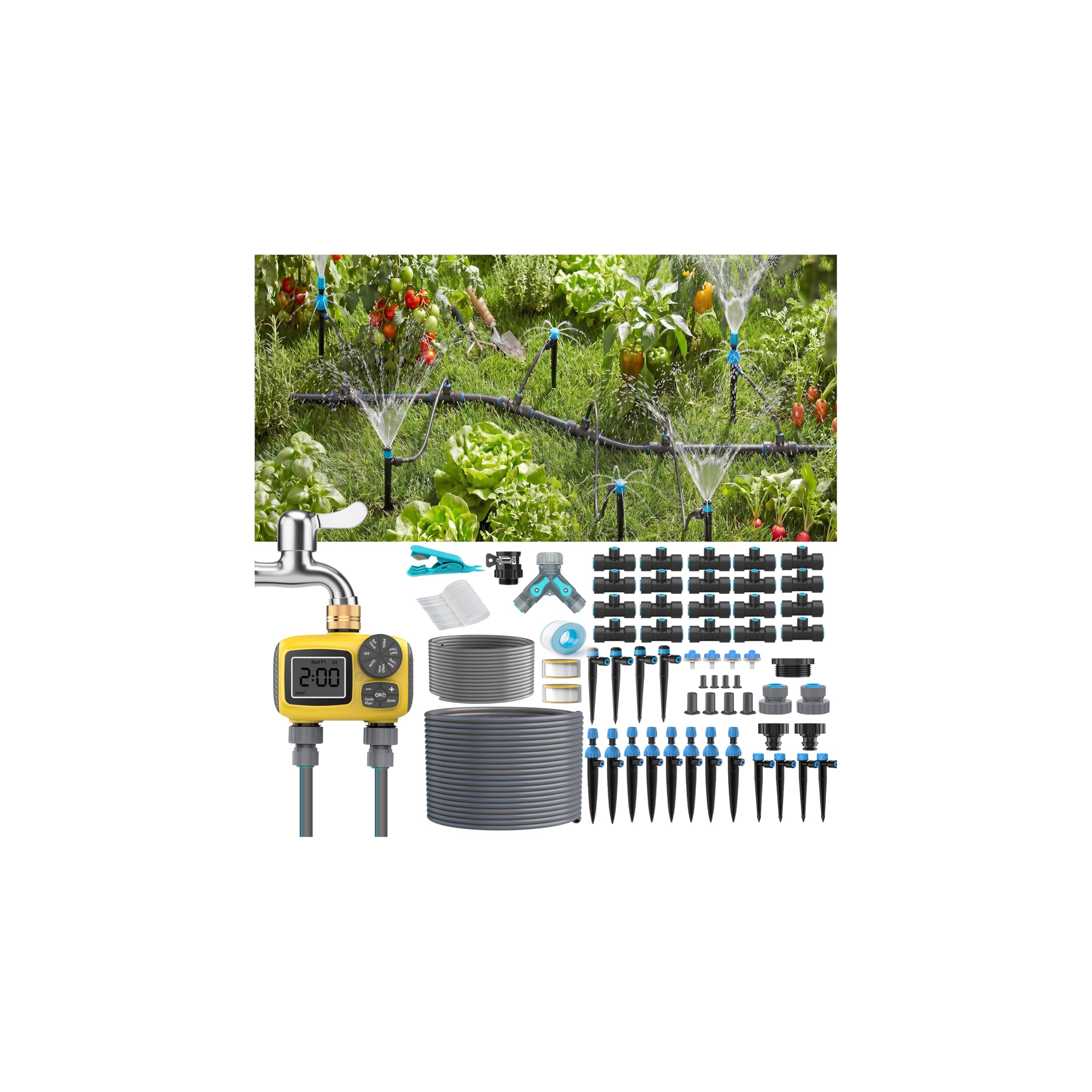 TRJZWA 150FT Drip Irrigation System Kit with tubing layout