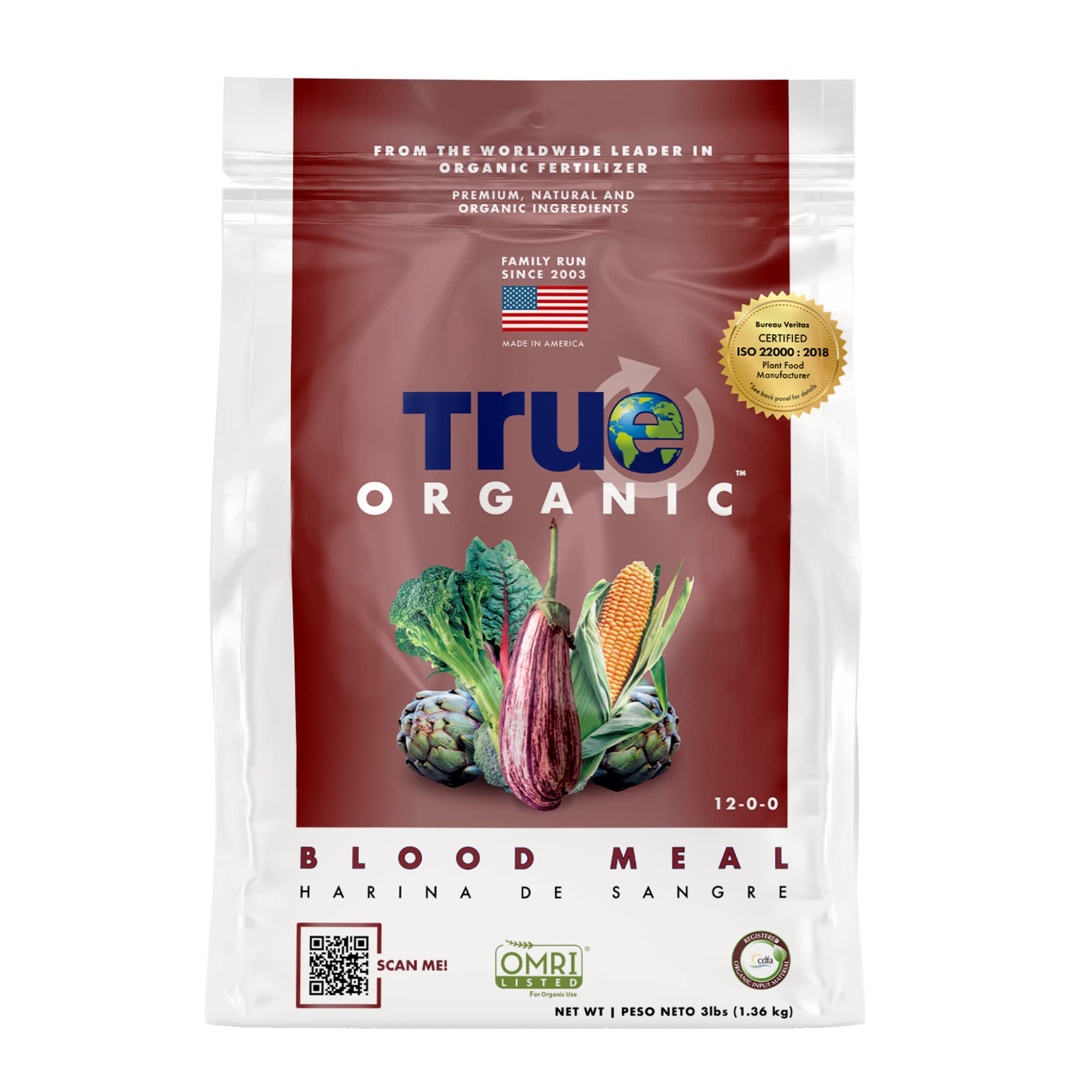 True Organic Blood Meal 3 lb bag front view with granules