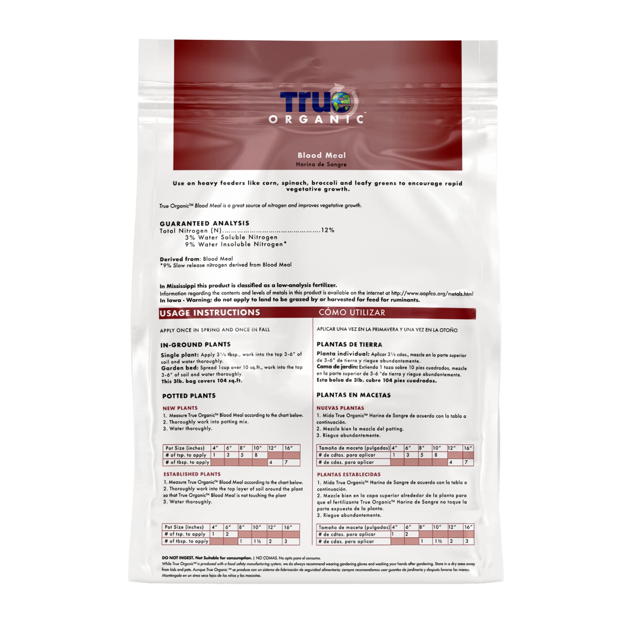 True Organic Blood Meal bag next to leafy greens