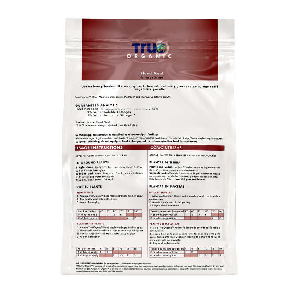 True Organic Blood Meal bag next to leafy greens