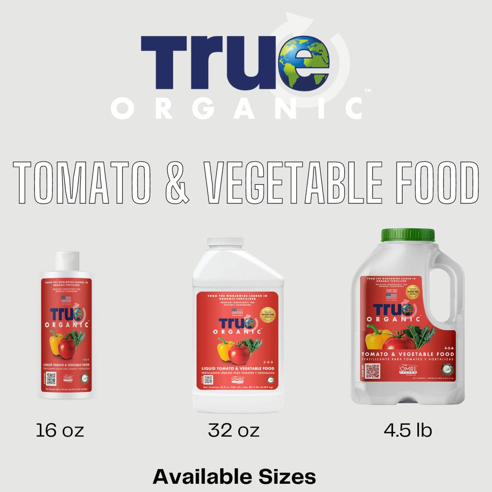 True Organic Tomato and Vegetable Food Granular Fertilizer jug with plants around