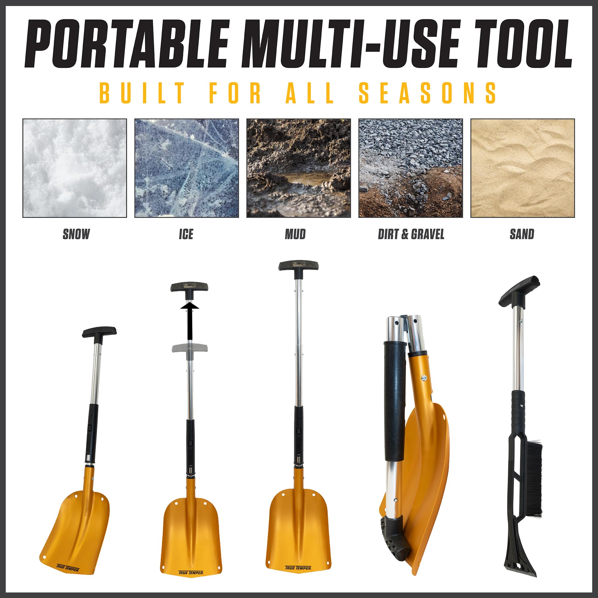 TRUE TEMPER Emergency Shovel showcased on a snowy path