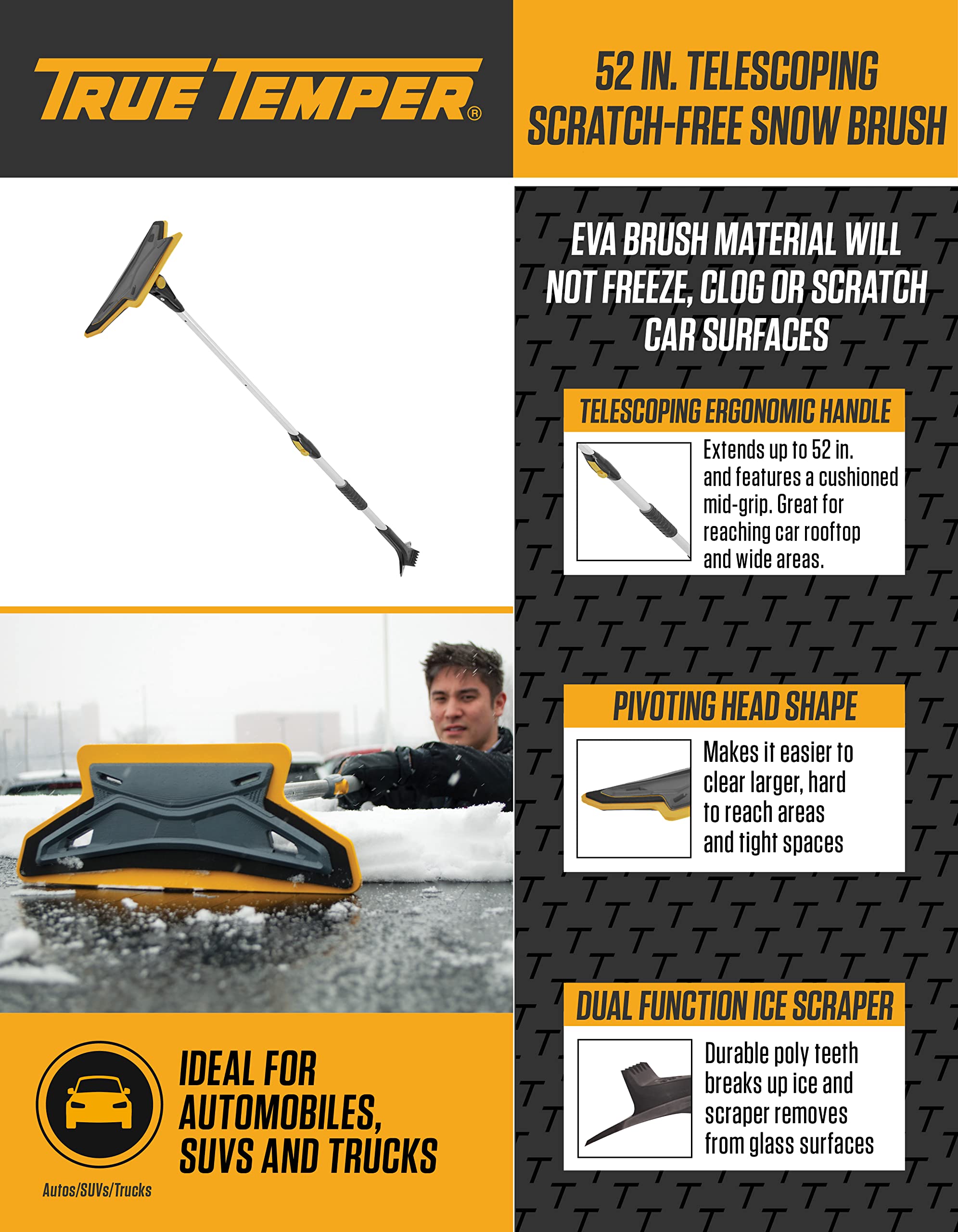 TRUE TEMPER snow brush side view showing ergonomic grip