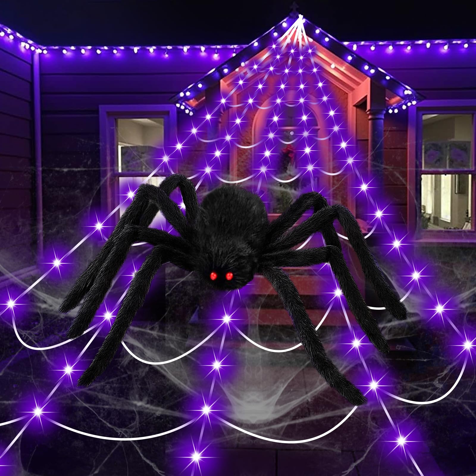 Trulloyoo Halloween 16.4Ft LED Spider Web with purple lighting