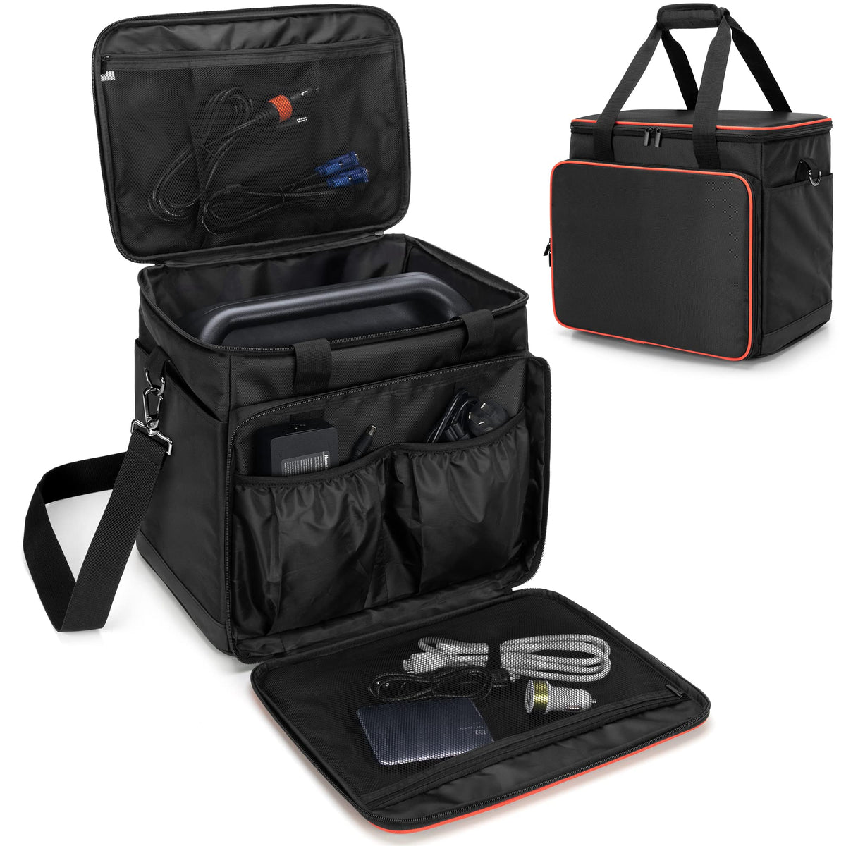 Trunab Travel Bag front view, black with multiple pockets