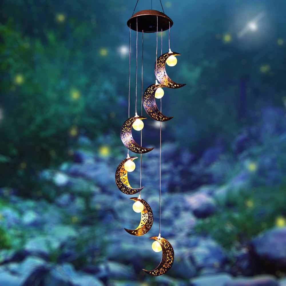 Tryme Solar Moon Wind Chimes front view with glowing light