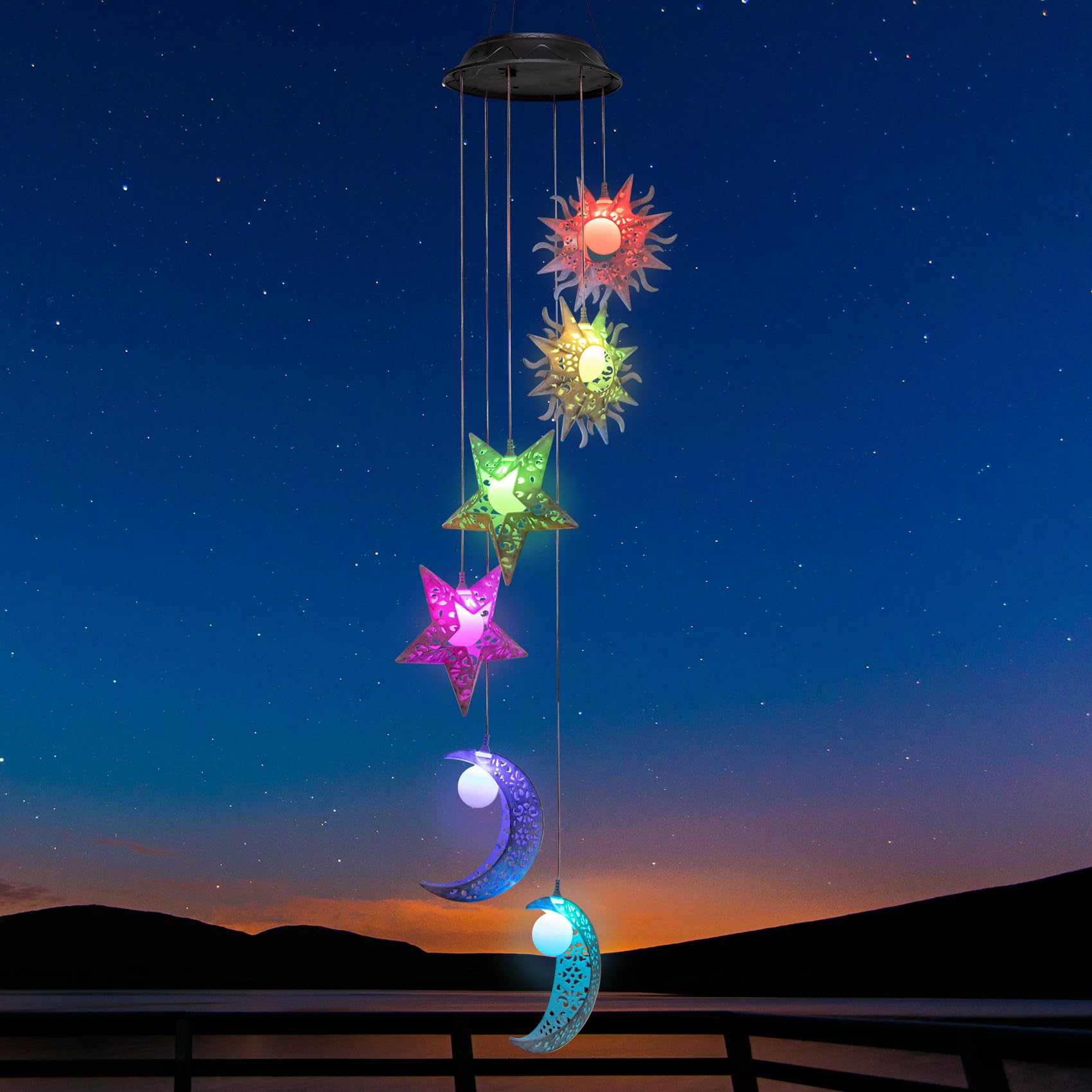 Tryme Solar Wind Chimes featuring sun, moon, and star design