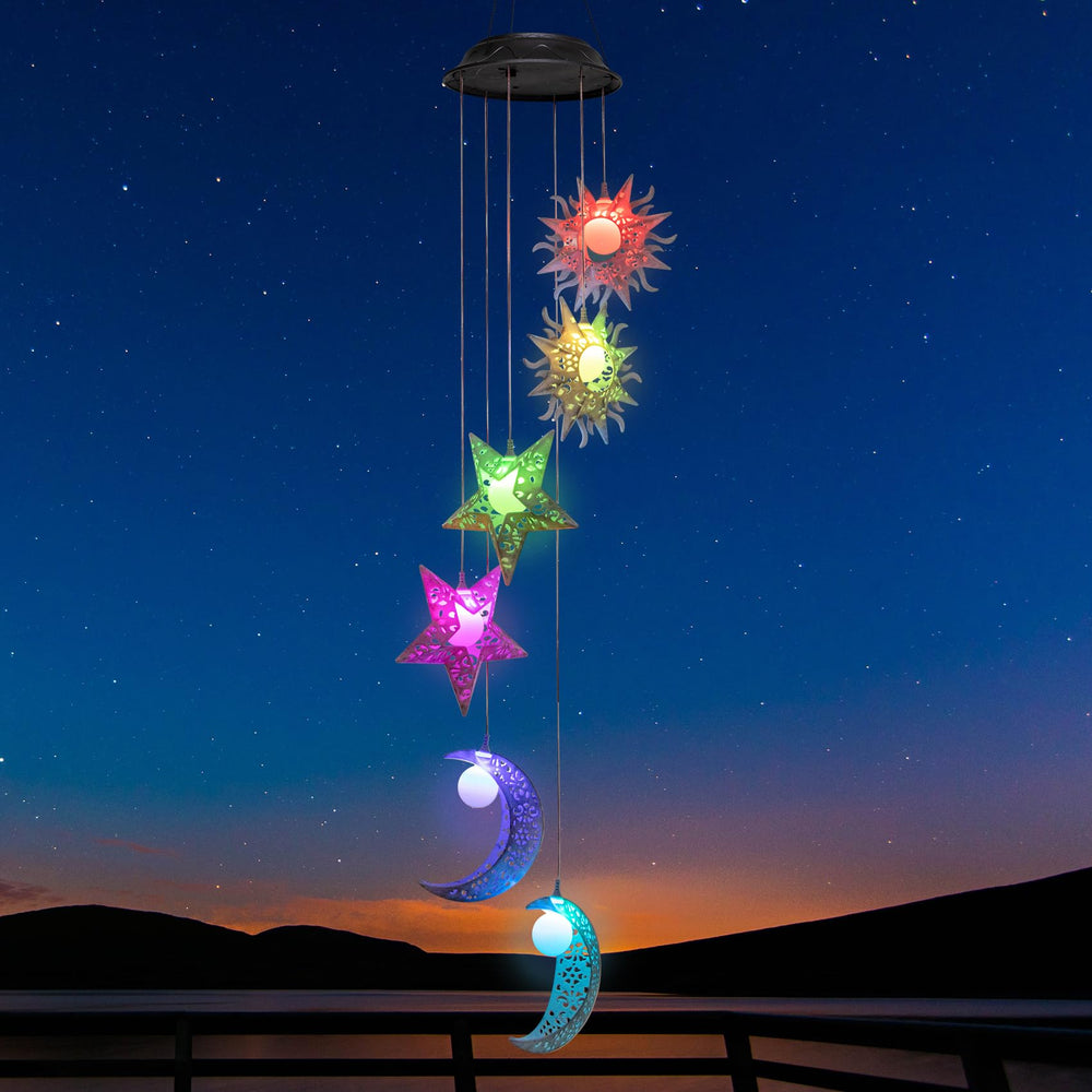 Tryme Solar Wind Chimes featuring sun, moon, and star design