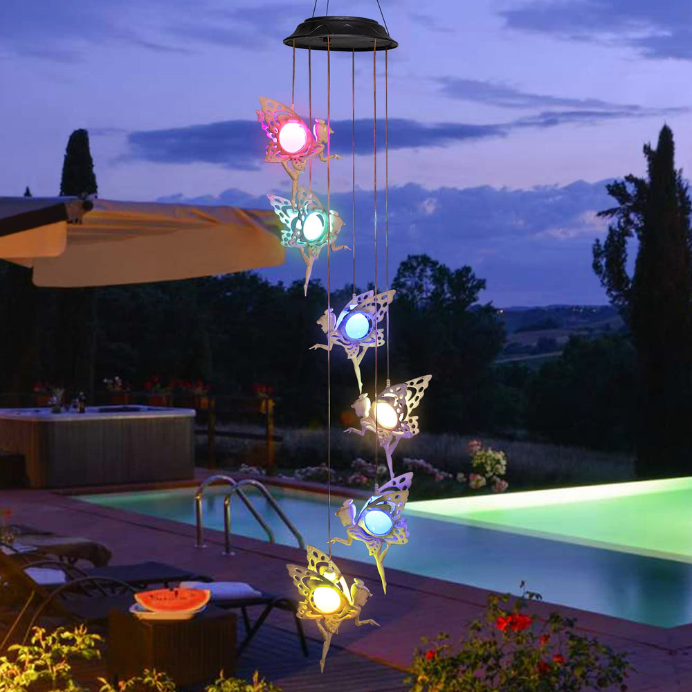 Tryme Solar Wind Chimes hanging near a patio