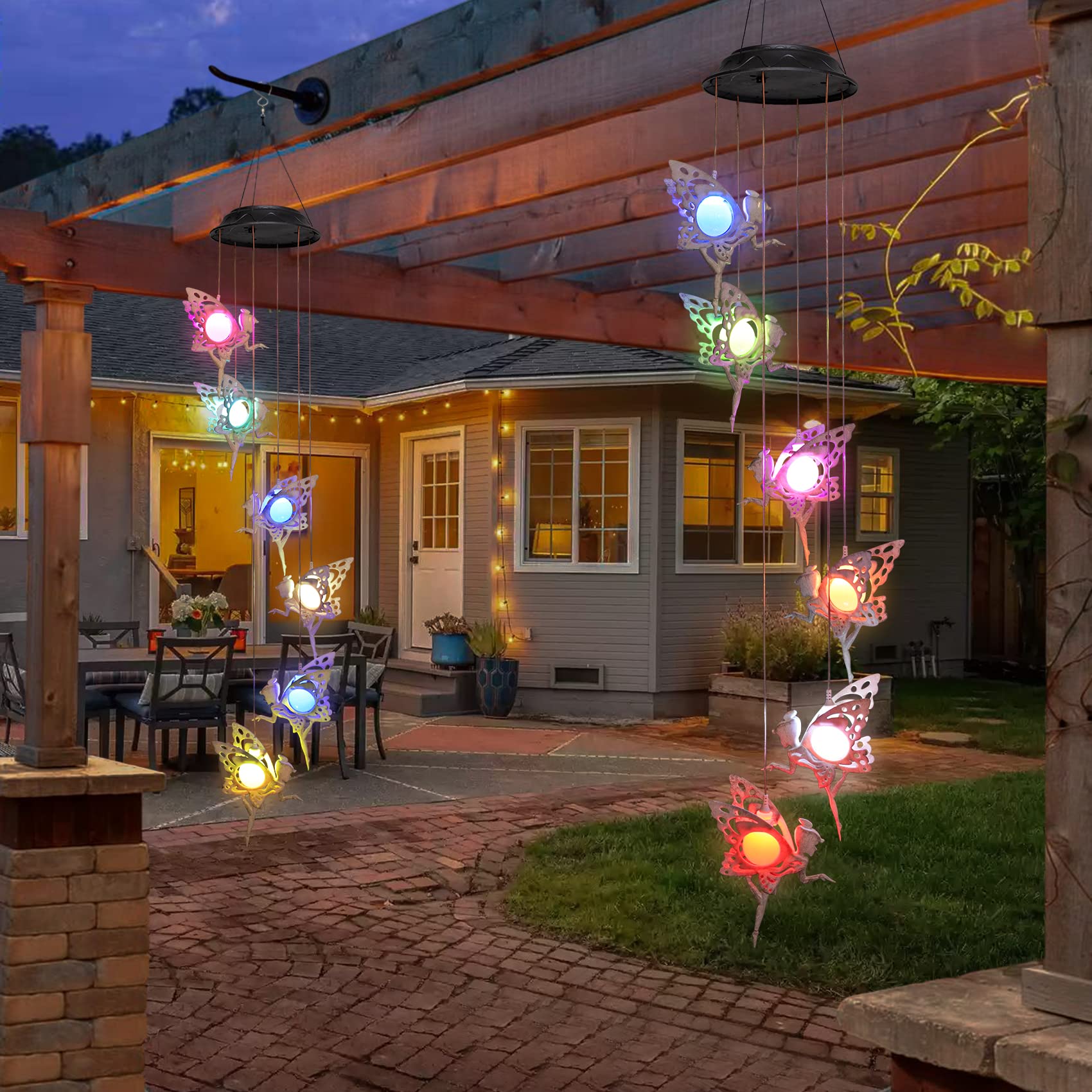 Tryme Solar Wind Chimes lit up at night