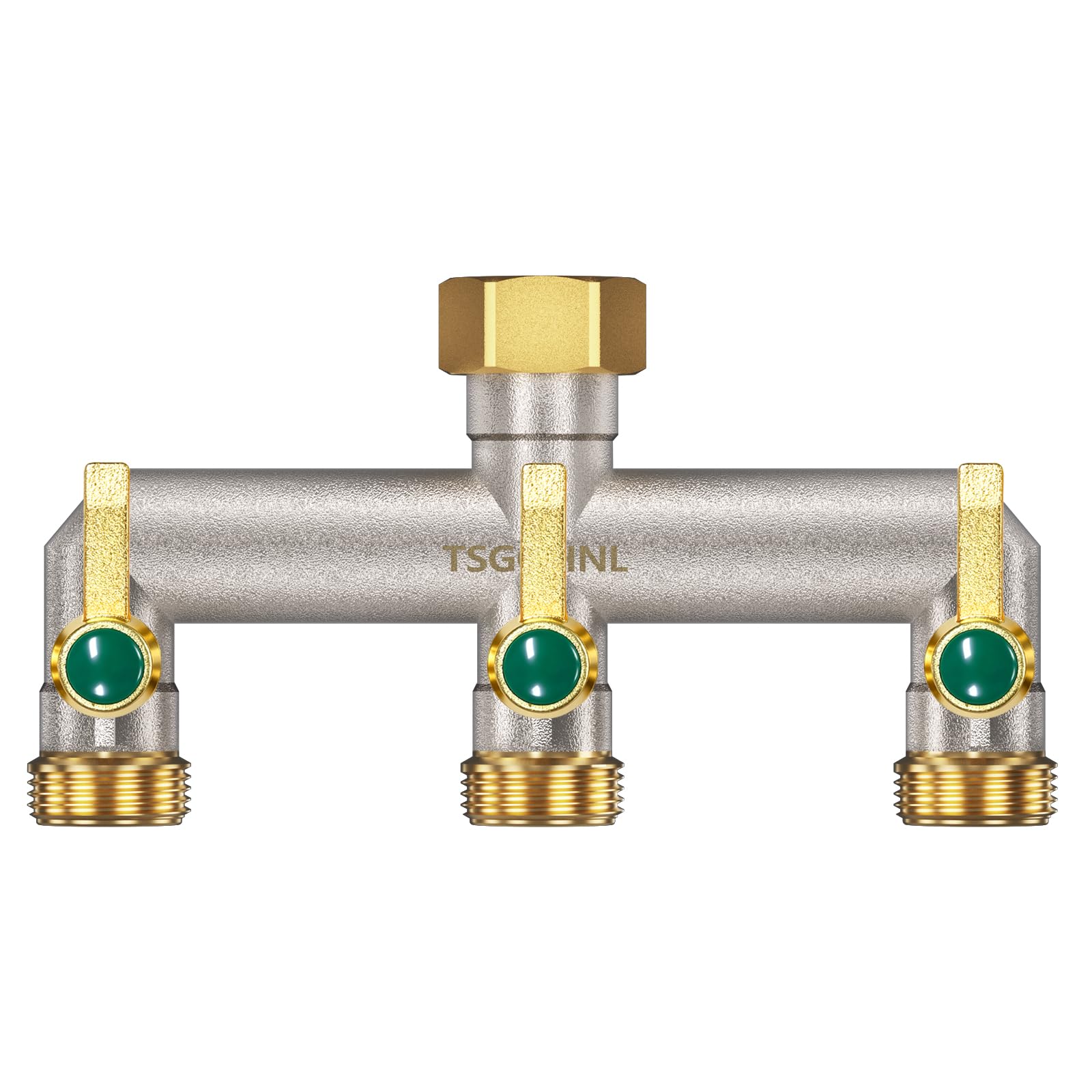 TSGOHNL 3 Way Garden Hose Splitter front view with brass finish