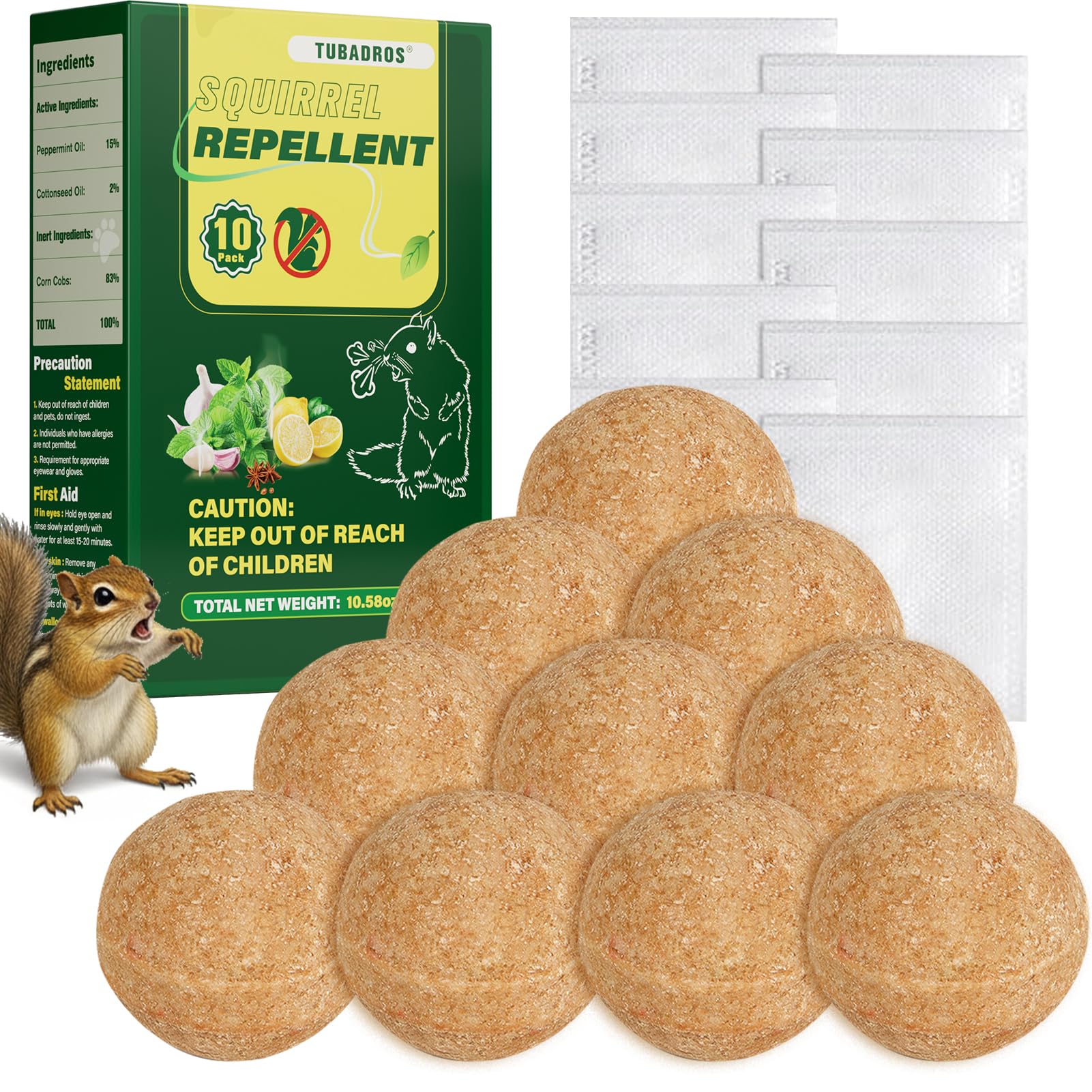 Tubadros Squirrel Repellent 10 Pack front view with peppermint oil