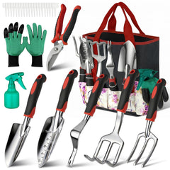 Tudoccy 30-piece garden tool set displayed in vintage floral tote bag
