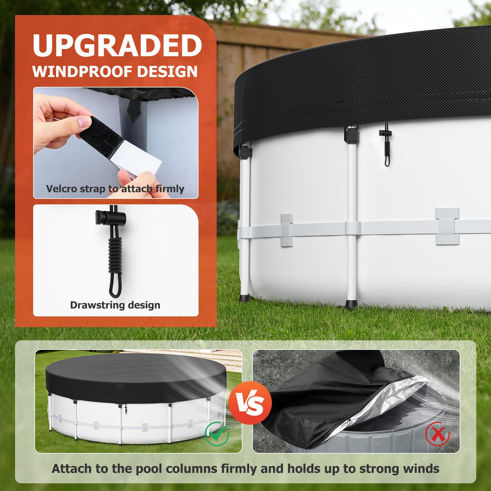 Tufmunb pool cover with accessories including bungee cords and ties