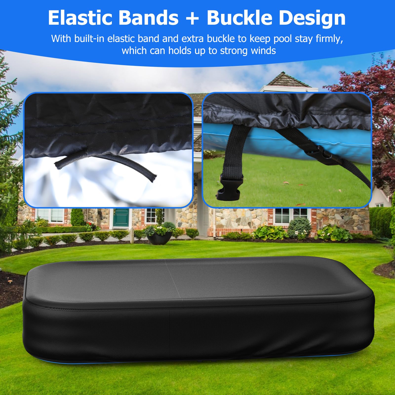 Tufmunb pool cover with elastic bands and buckles