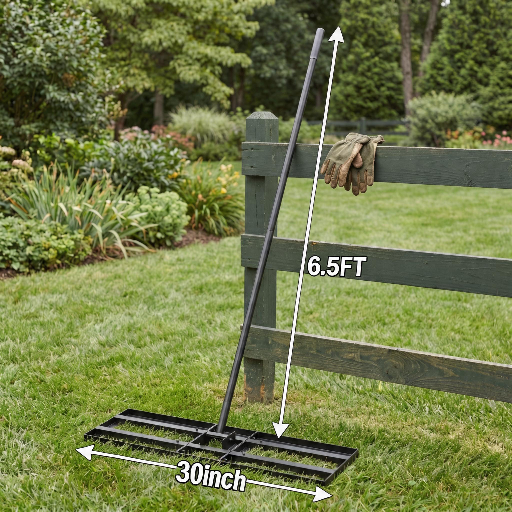 Tugote Lawn Leveling Rake 30x10 in use on grass