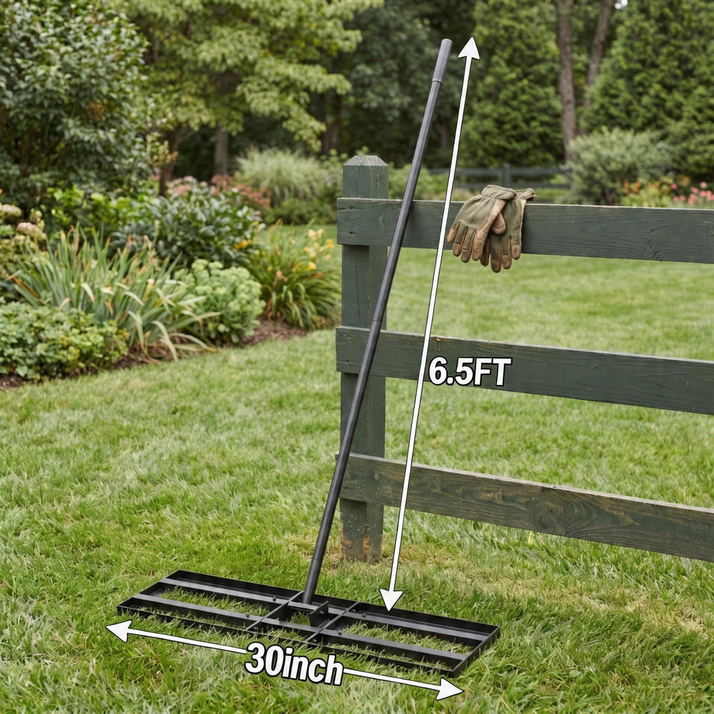 Tugote Lawn Leveling Rake 30x10 in use on grass