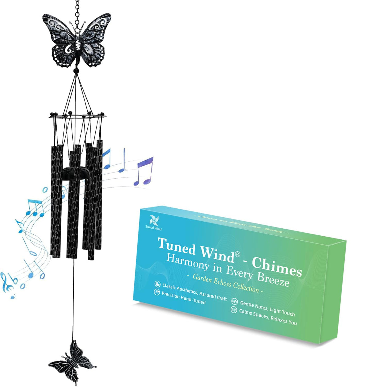 Tuned Wind 32'' Butterfly Wind Chime front view, black and white