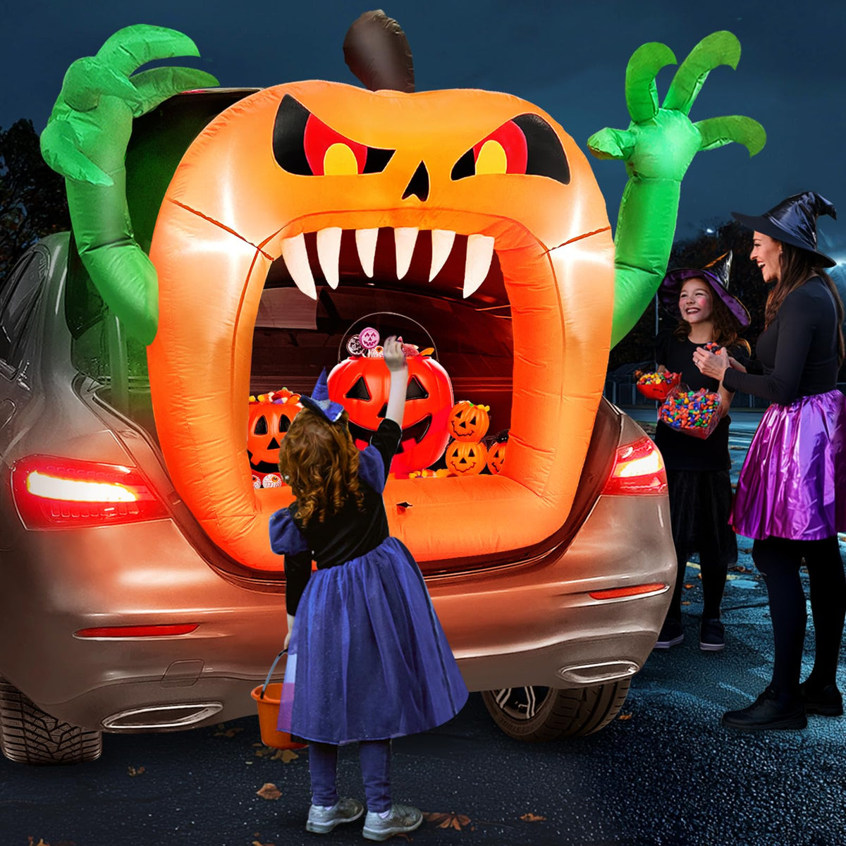 TURNMEON 4ft inflatable pumpkin car decoration front view with LED lights