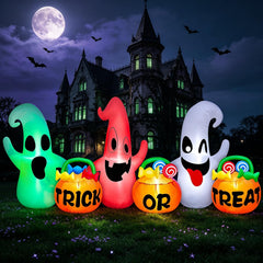 TURNMEON 8 Ft Halloween Inflatable featuring three ghosts with pumpkin candy bags