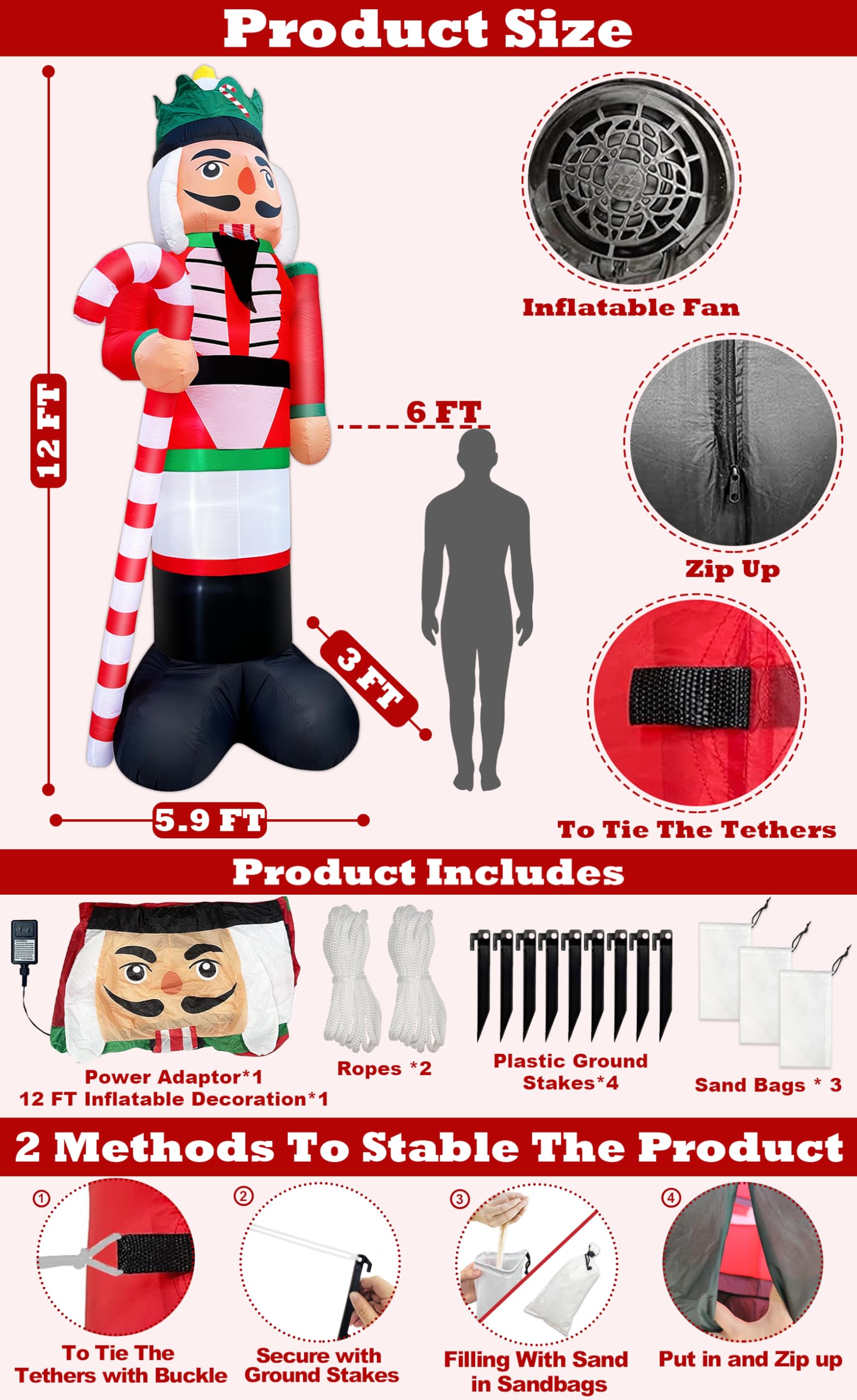 TURNMEON Christmas Inflatable Nutcracker side view with candy cane