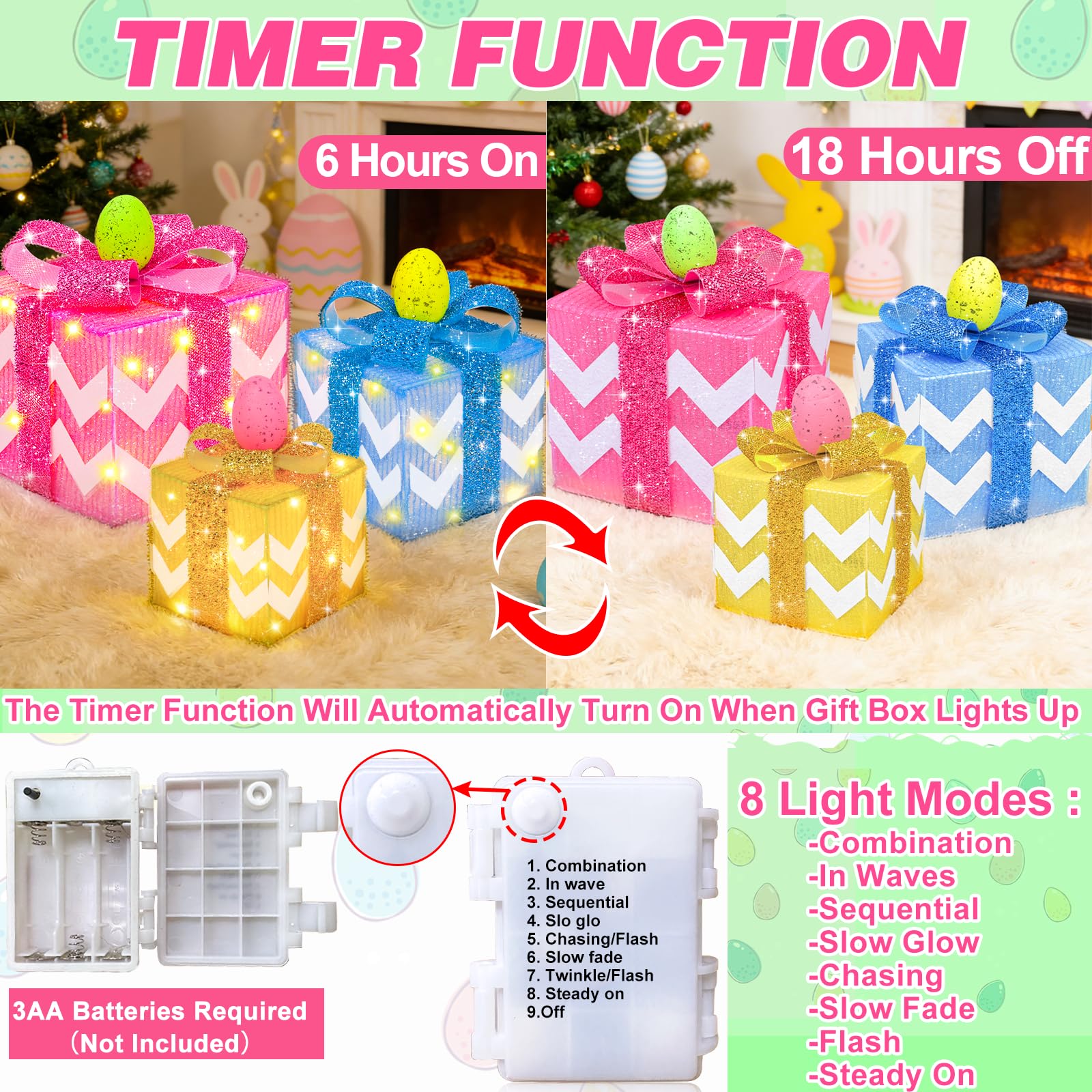 TURNMEON Easter gift boxes with 60 LED lights lit up