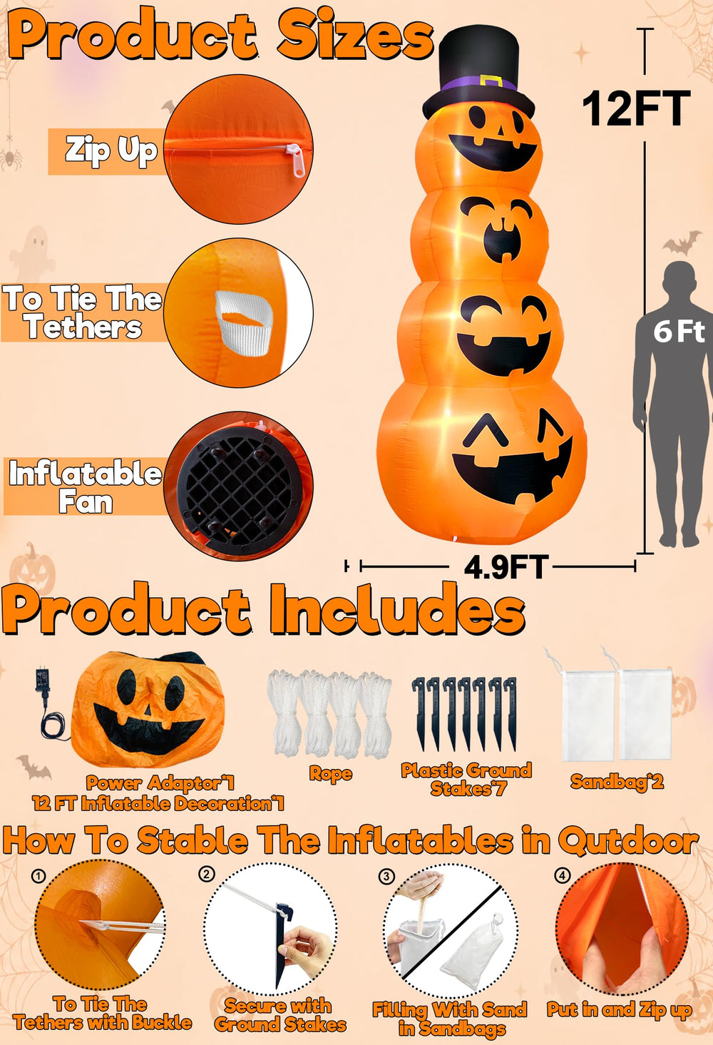TURNMEON Halloween inflatable pumpkin with witch hat side view