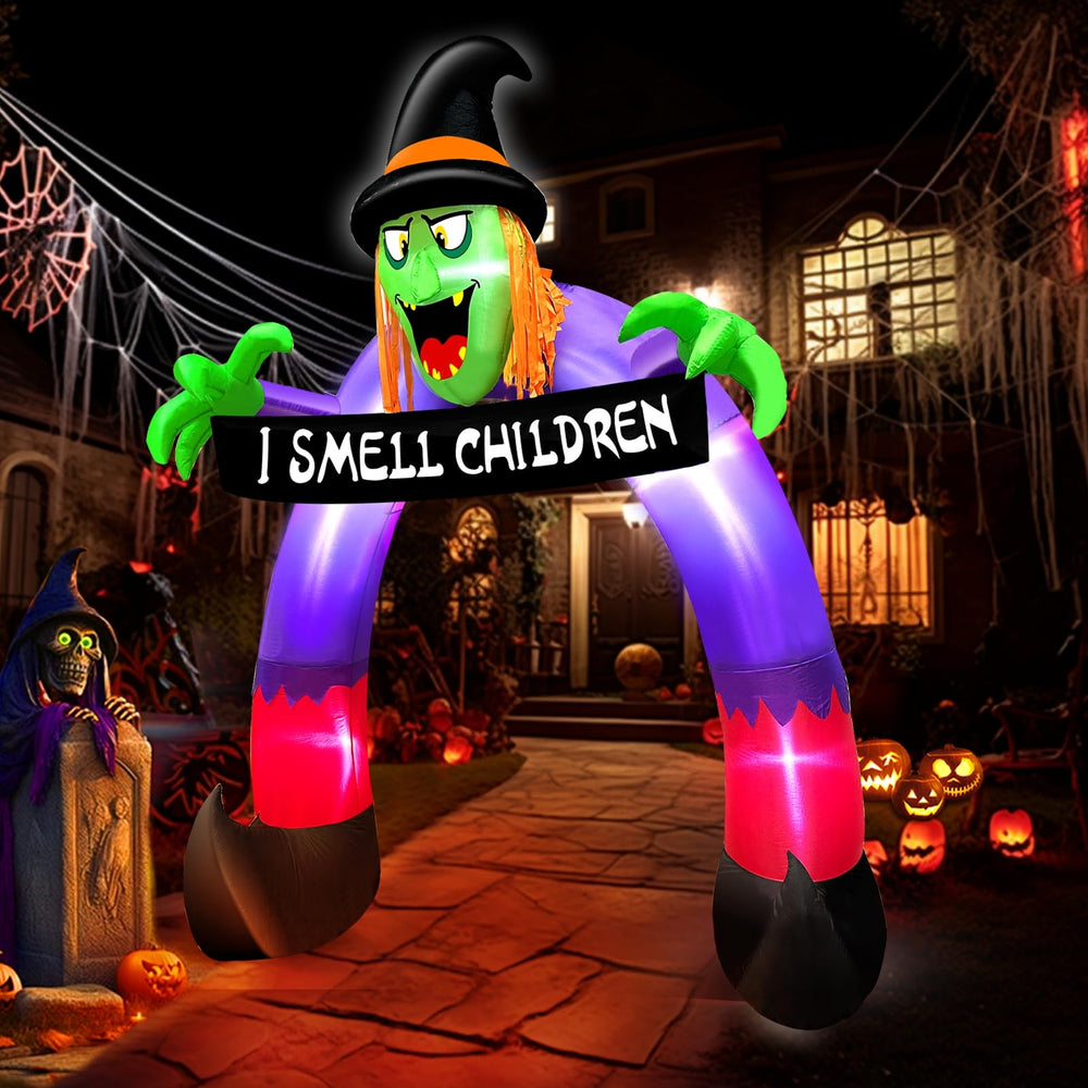 TURNMEON Halloween inflatable witch archway set up in a garden