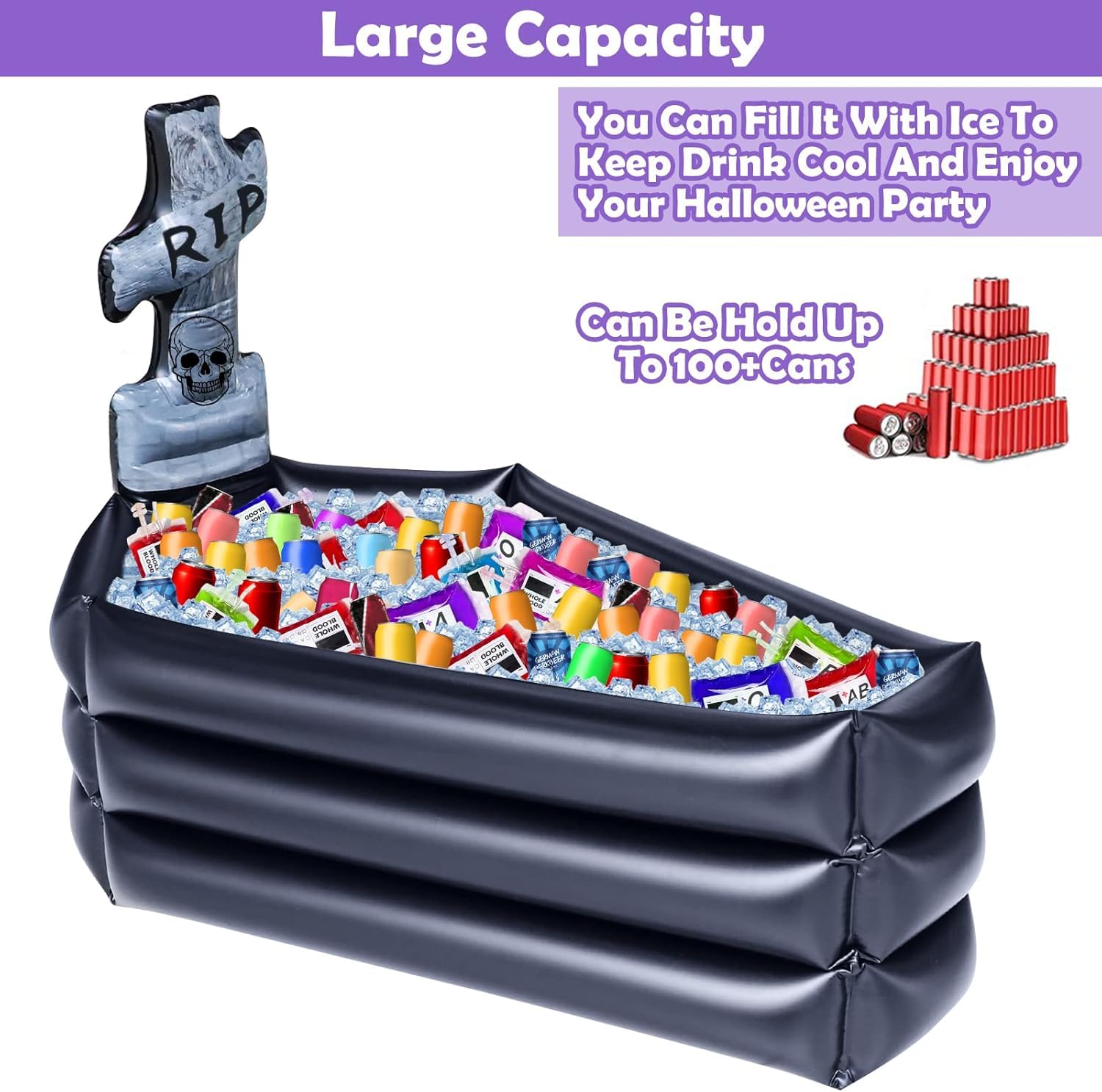TURNMEON Inflatable Coffin Cooler filled with drinks, outdoor party scene