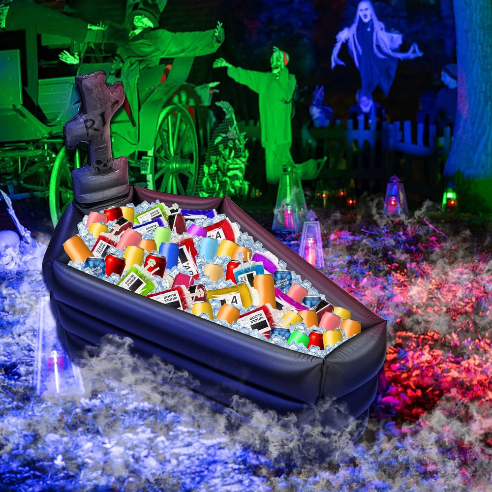 TURNMEON Inflatable Coffin Cooler in a backyard BBQ setting
