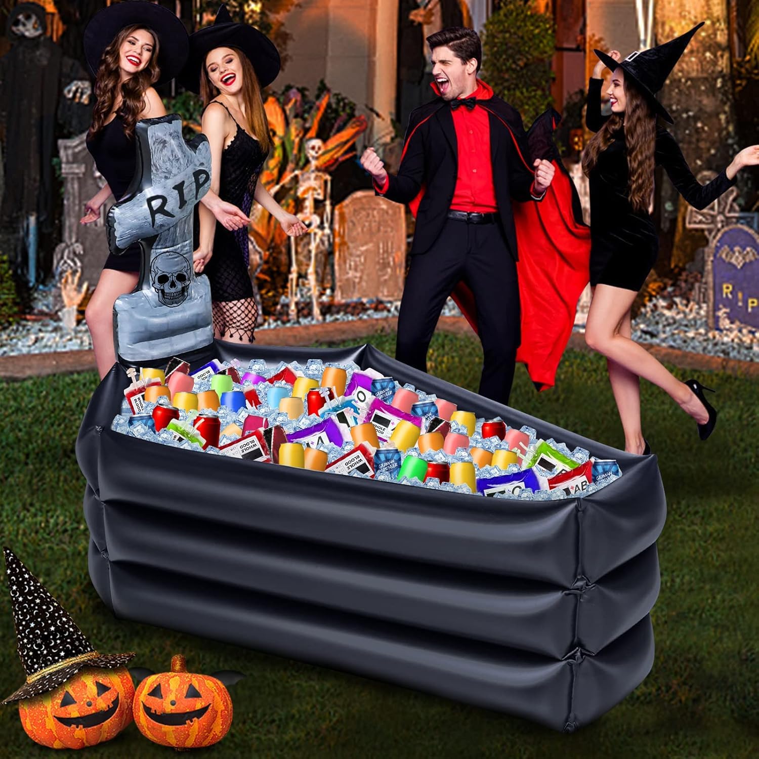 TURNMEON Inflatable Coffin Cooler, side view with drinks