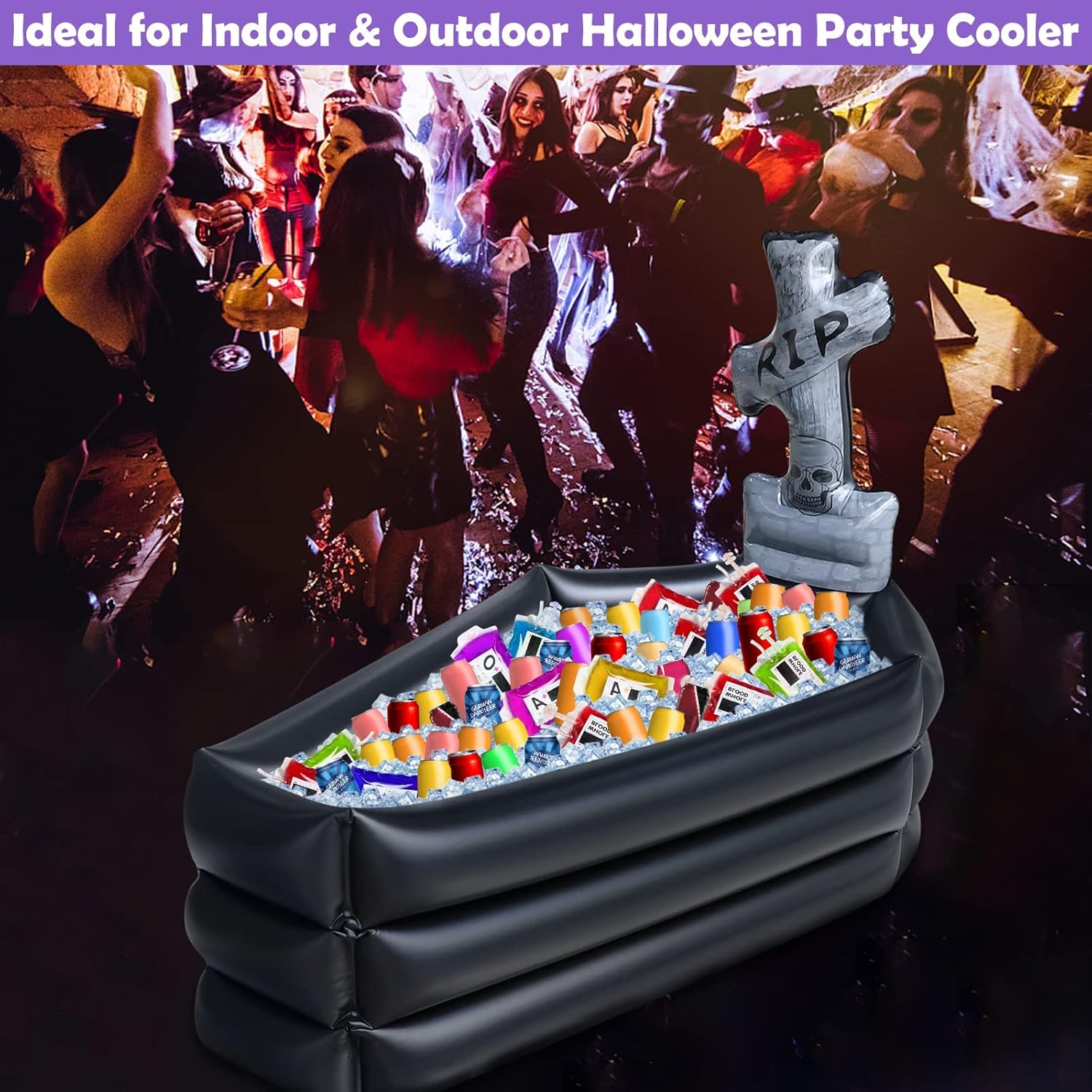 TURNMEON Inflatable Coffin Cooler with spooky RIP graphics