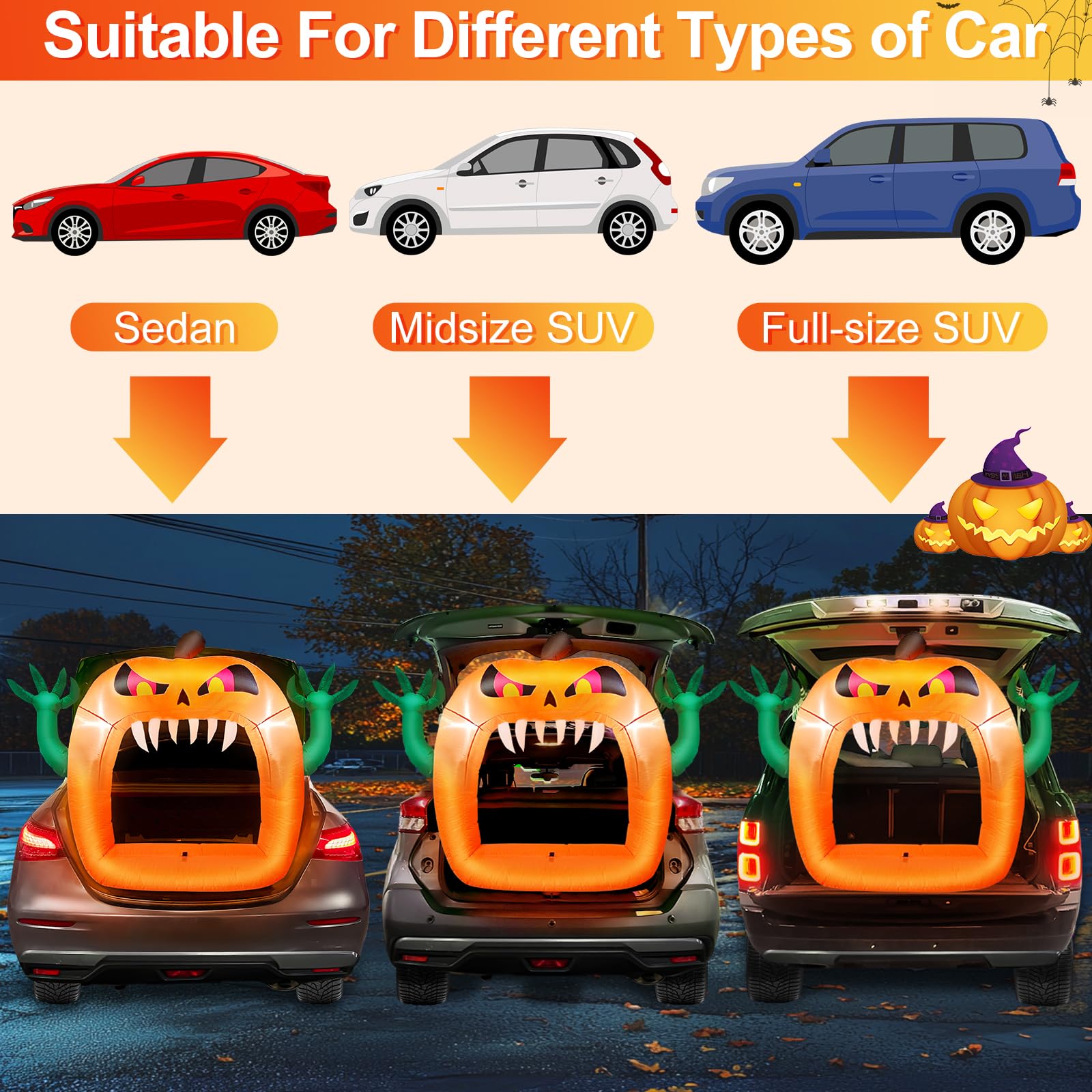 TURNMEON inflatable pumpkin car decoration in a garage