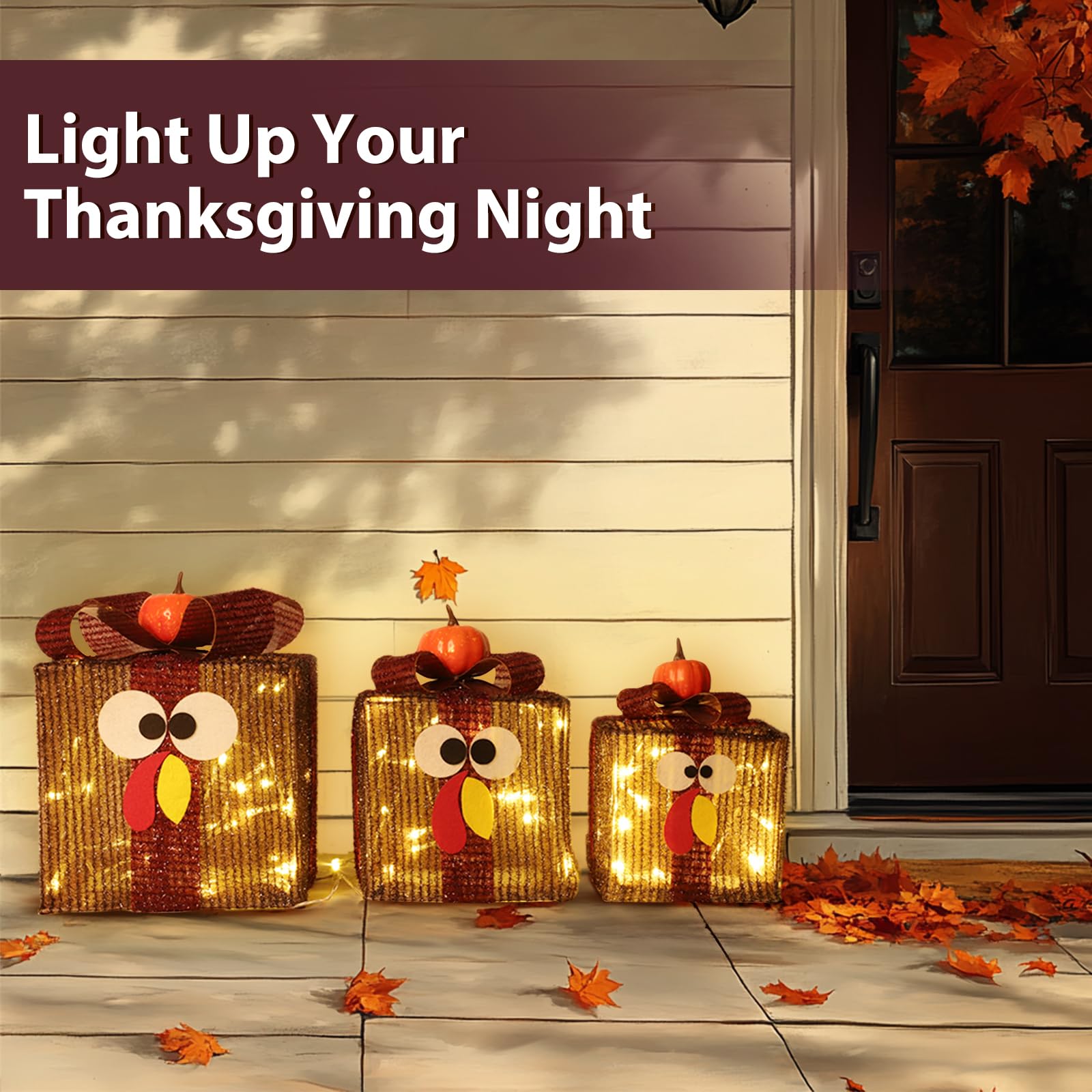 TURNMEON Thanksgiving Lighted Gift Boxes set of 3 displayed outdoors