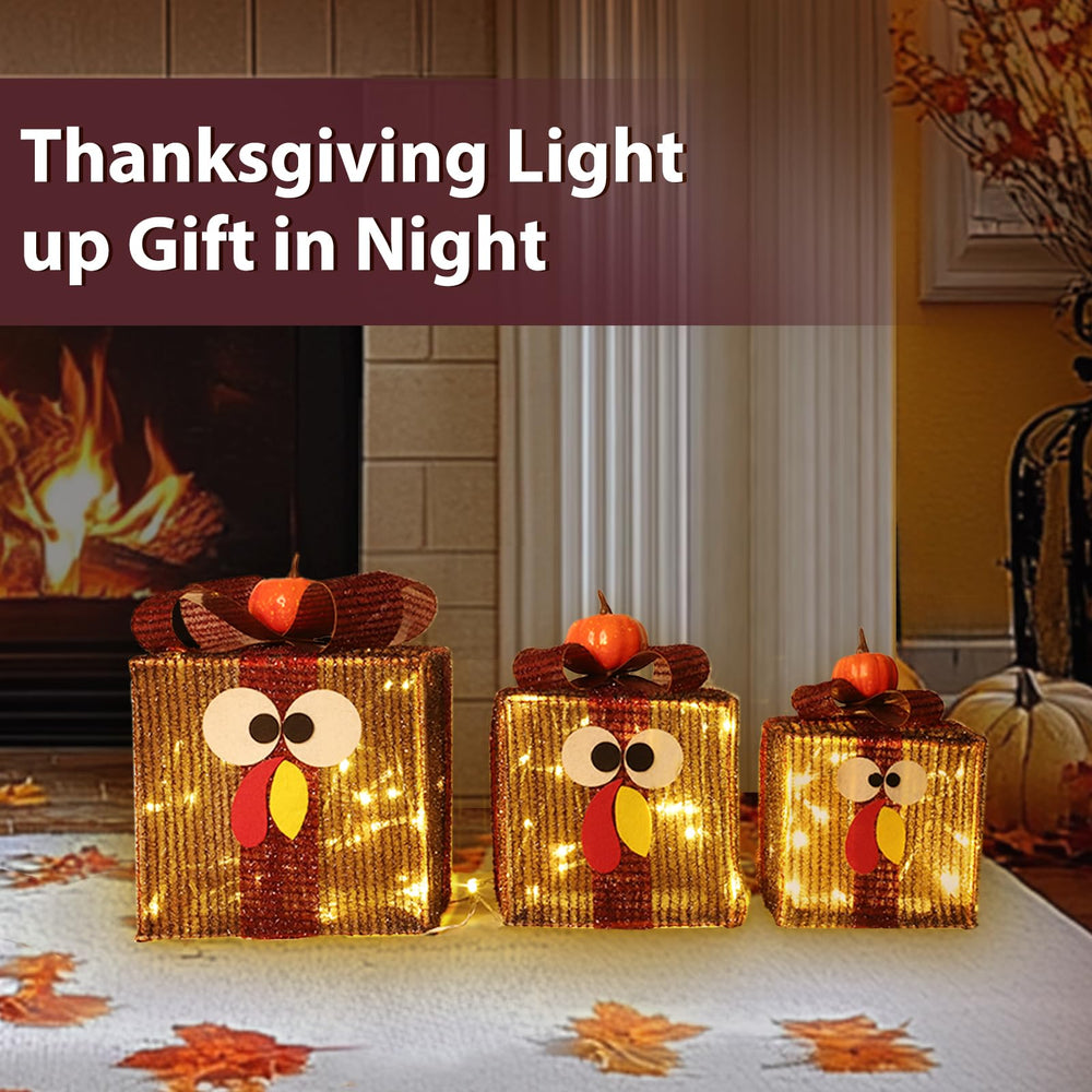 TURNMEON Thanksgiving Lighted Gift Boxes showing 8 lighting modes
