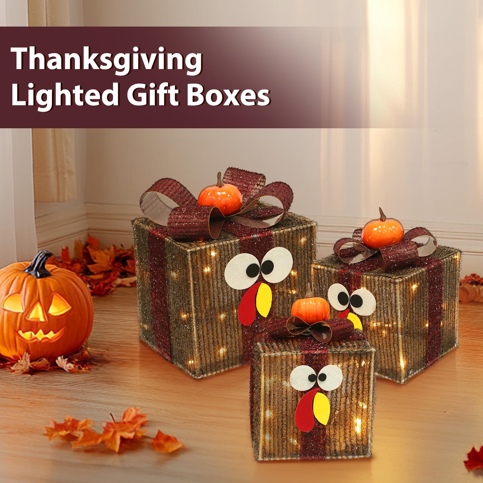 TURNMEON Thanksgiving Lighted Gift Boxes with warm white lights on