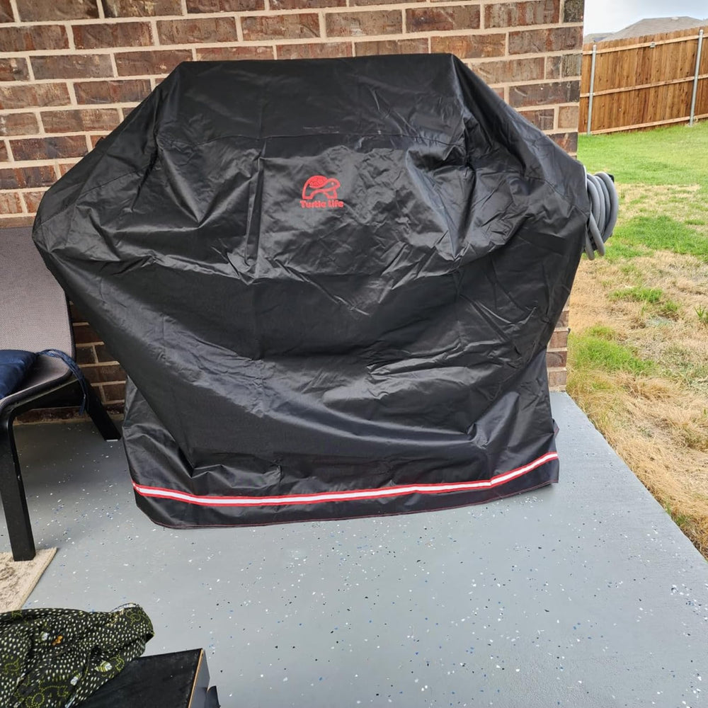 Turtle Life BBQ Grill Cover on a 3-burner gas grill outdoors