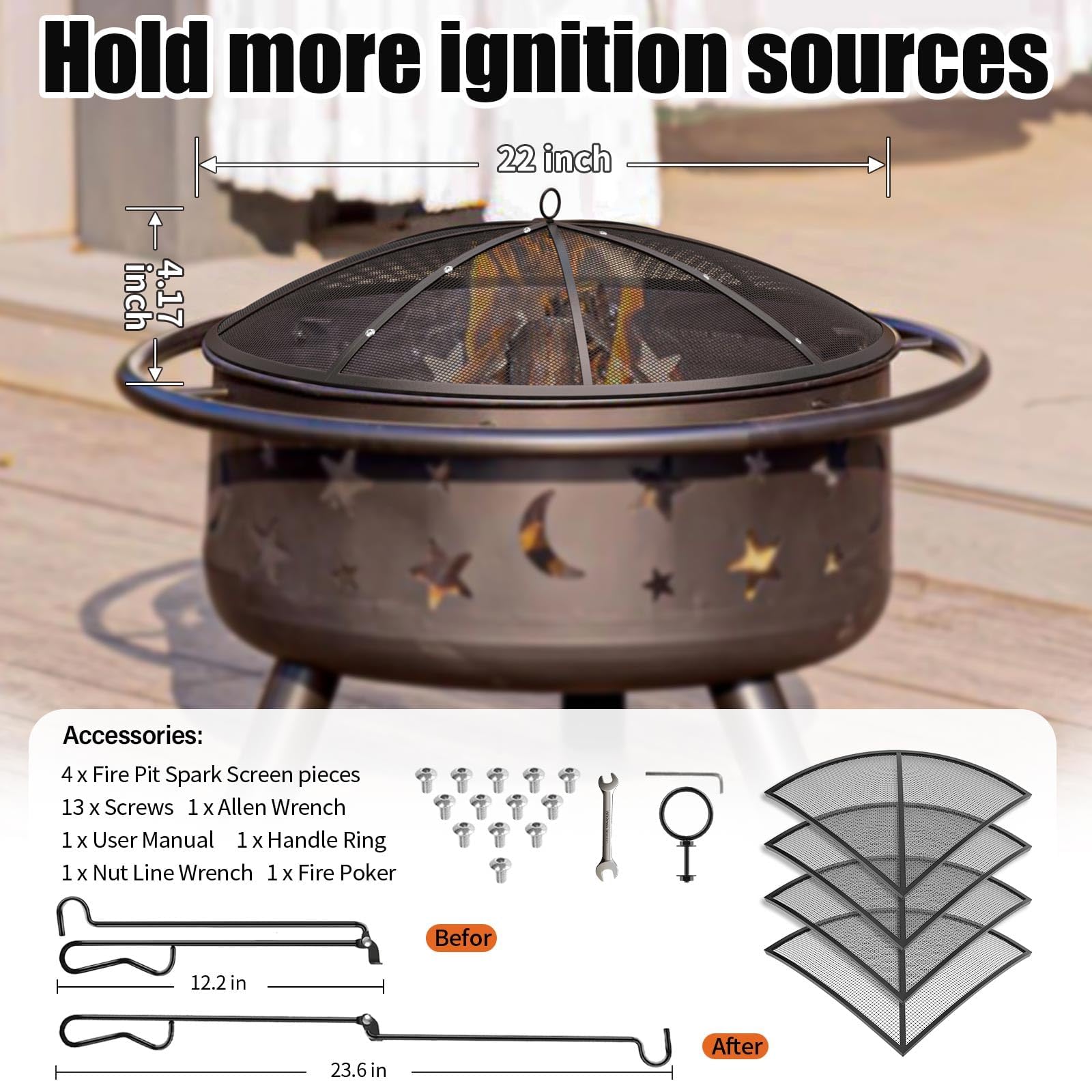 TUSGENK Fire Pit Spark Screen with handle and poker