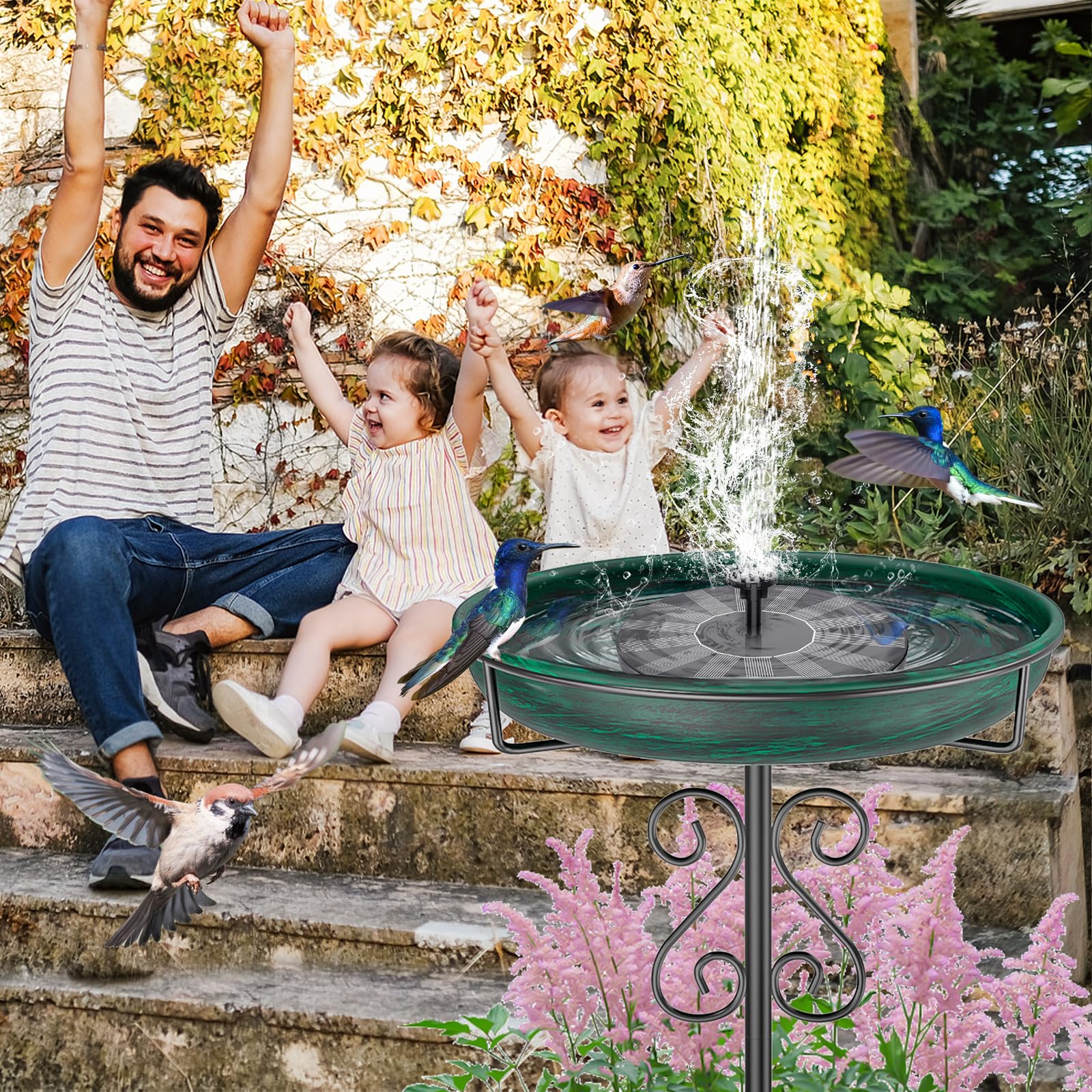 TUSPEU Bird Bath bowl with birds drinking