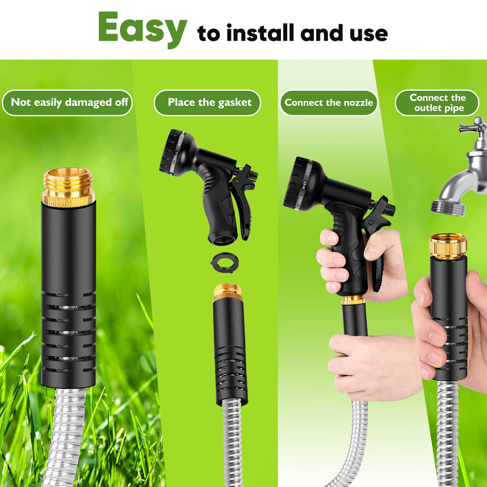 Tuzoc garden hose and nozzle in outdoor setting