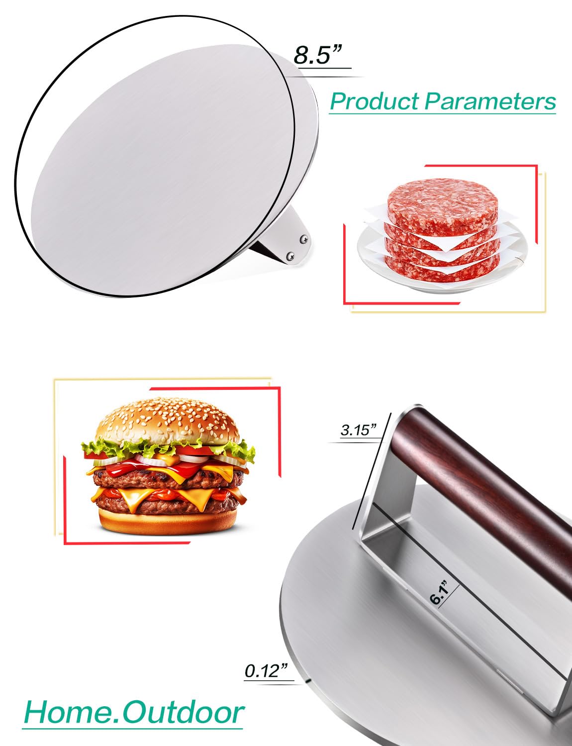 Twfatflt Burger Press 8.5 inch dimensions displayed next to burgers