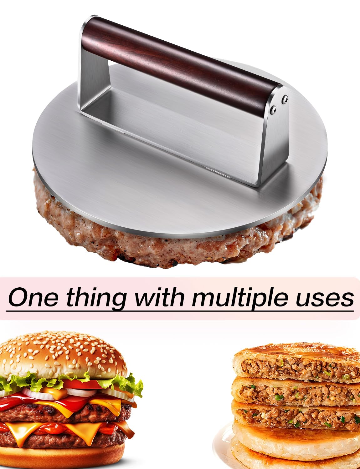 Twfatflt Burger Press showing comfortable wooden handle and smooth base