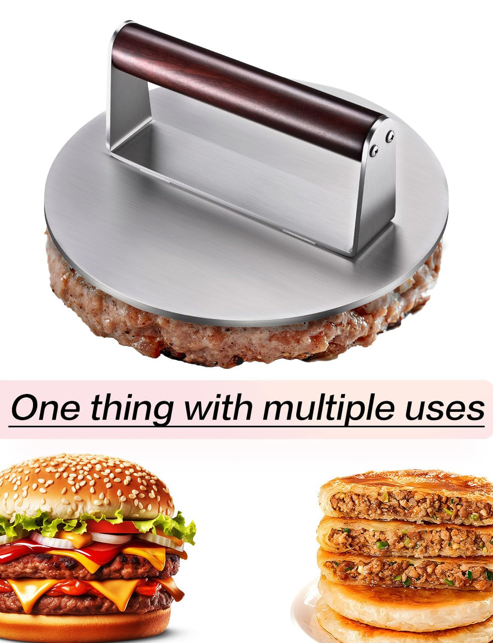 Twfatflt Burger Press showing comfortable wooden handle and smooth base