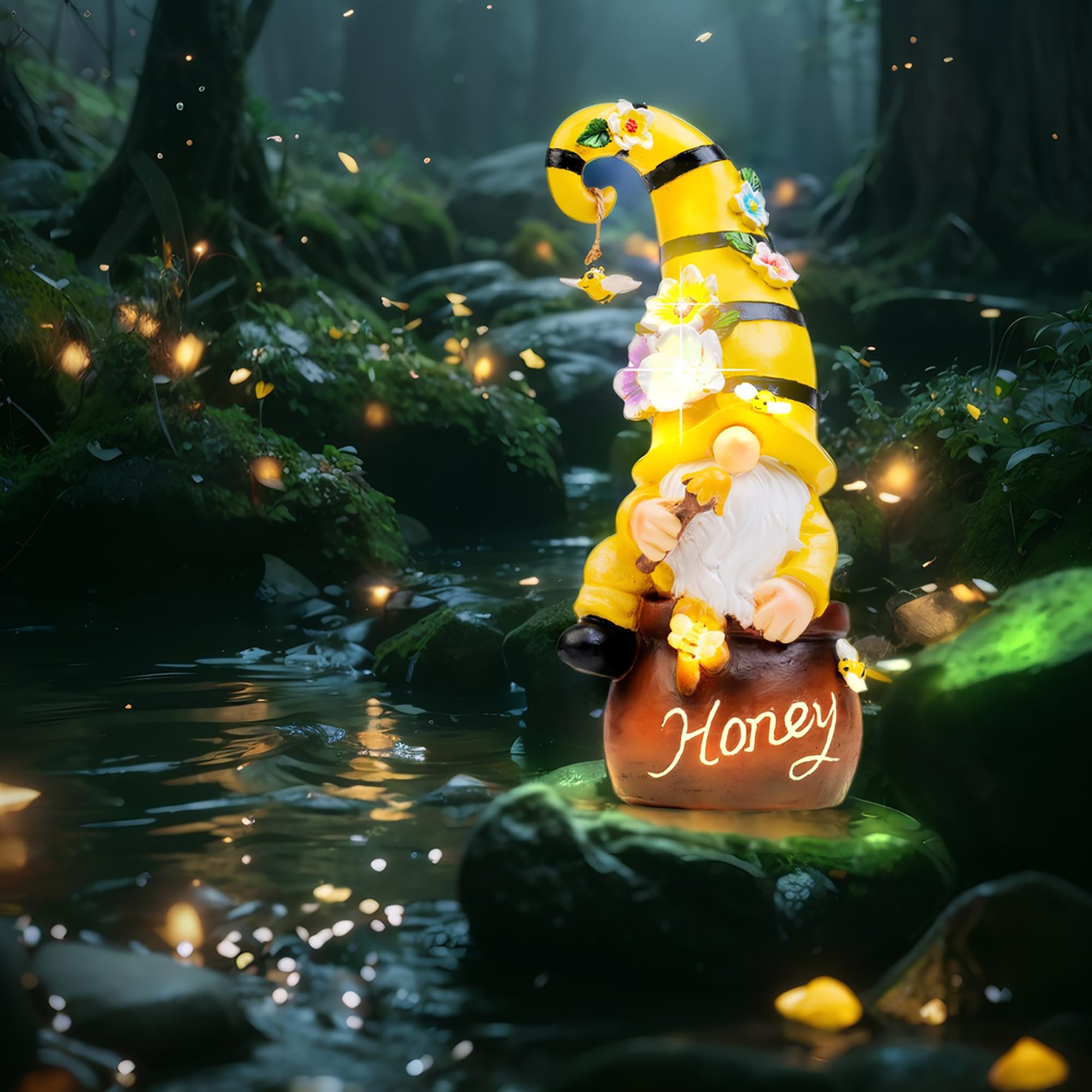 Twinbling Garden Gnome Statue lit up at night